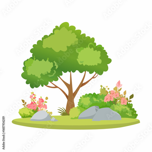 Shrub for section,moss with rock,stone, Vector watercolor blooming flower tree or forest side view isolated on white background for landscape and architecture drawing,elements for .