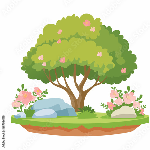 Shrub for section,moss with rock,stone, Vector watercolor blooming flower tree or forest side view isolated on white background for landscape and architecture drawing,elements for .