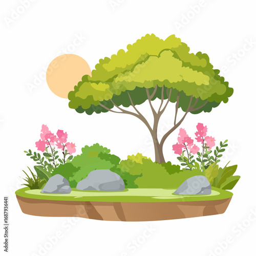 Shrub for section,moss with rock,stone, Vector watercolor blooming flower tree or forest side view isolated on white background for landscape and architecture drawing,elements for .