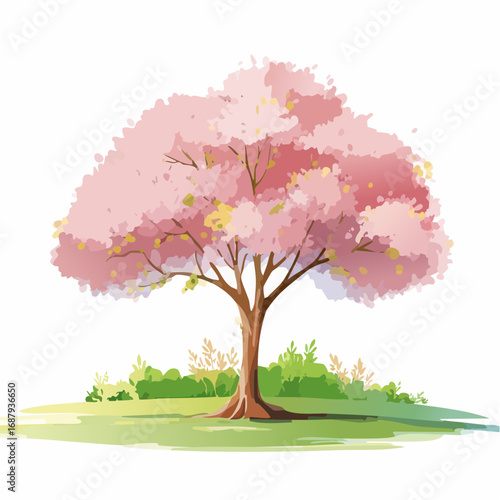 Vector watercolor blooming flower tree or cherry blossom side view isolated on white background for landscape and architecture drawing,elements for environment and garden,Sakura tree for secti