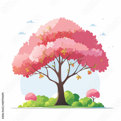 Vector watercolor blooming flower tree or cherry blossom side view isolated on white background for landscape and architecture drawing,elements for environment and garden,Sakura tree for secti