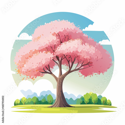 Vector watercolor blooming flower tree or cherry blossom side view isolated on white background for landscape and architecture drawing,elements for environment and garden,Sakura tree for secti