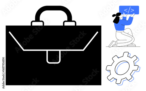 Large black briefcase, person writing code on a screen, and gear symbol. Ideal for business, coding, technology, innovation, career progression, work efficiency simple landing page