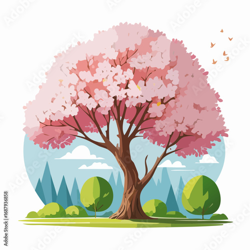 Vector watercolor blooming flower tree or cherry blossom side view isolated on white background for landscape and architecture drawing,elements for environment and garden,Sakura tree for secti