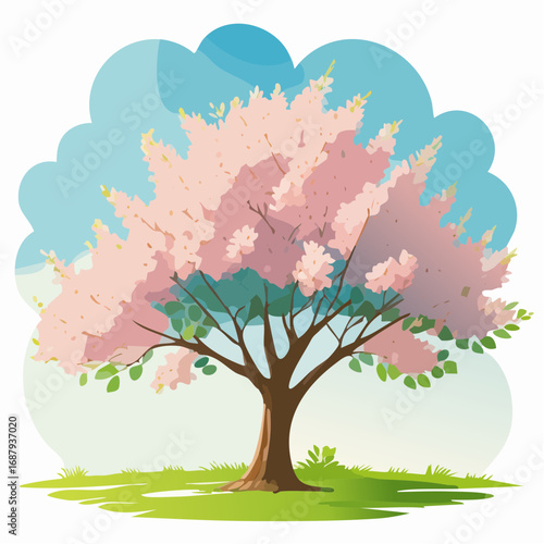 Vector watercolor blooming flower tree or cherry blossom side view isolated on white background for landscape and architecture drawing,elements for environment and garden,Sakura tree for secti