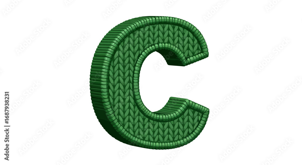 Fototapeta premium Green Letter C with Intricate Stitching Detail on White Background