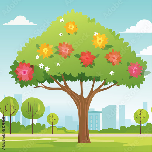 Vector watercolor blooming flower tree side view isolated for landscape and architecture drawing, elements for environment and garden,botanical elements for section in spri