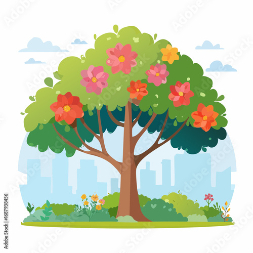 Vector watercolor blooming flower tree side view isolated for landscape and architecture drawing, elements for environment and garden,botanical elements for section in spri
