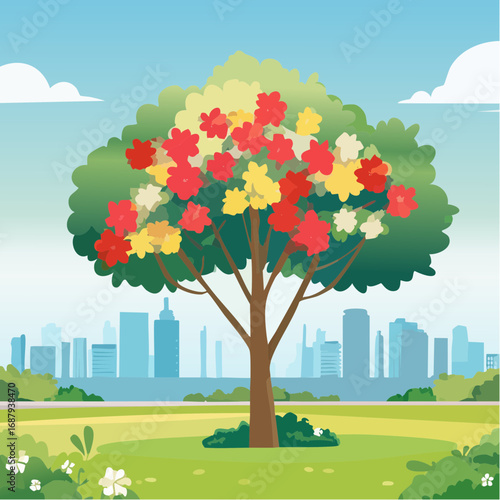 Vector watercolor blooming flower tree side view isolated for landscape and architecture drawing, elements for environment and garden,botanical elements for section in spri