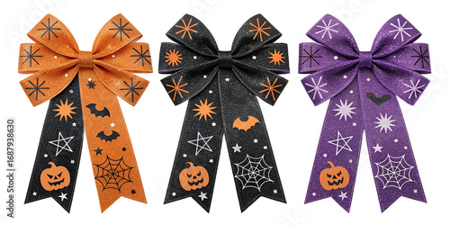 Halloween glitter ribbons PNG set – orange, black and purple sparkling bows, spooky festive decorations, isolated transparent background