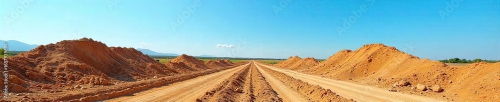 Fototapeta premium New construction home site, freshly graded land ready for foundation, clear blue sky Perfect for real estate, construction, and development marketing , property investment, construction industry