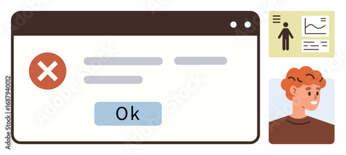 Window with a cancel symbol, round OK button, user avatar, and data chart visuals. Ideal for user interface, data analysis, profile management, web design, error alerts UX testing simple flat