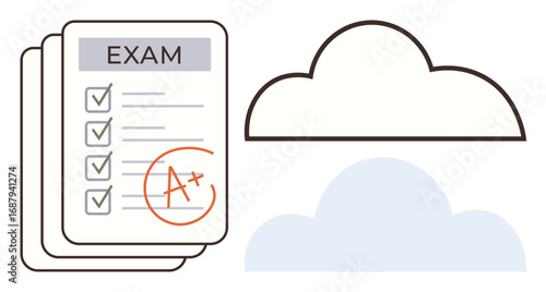 Graded exam paper with checkmarks and A alongside cloud outline. Ideal for education, online learning, academic success, test preparation, achievement, e-learning platforms, simple flat metaphor
