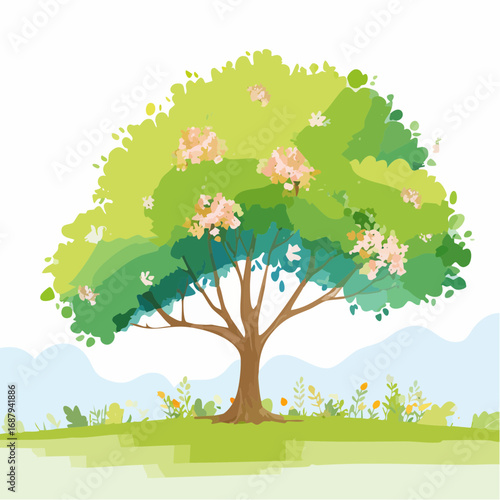 Vector watercolor blooming flower tree side view isolated on white background for landscape and architecture drawing, elements for environment or and garden,Sakura trees for .