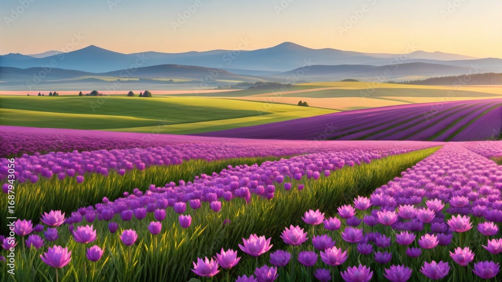 Obraz premium Vibrant purple lavender fields stretch towards misty mountains under a golden sunrise sky