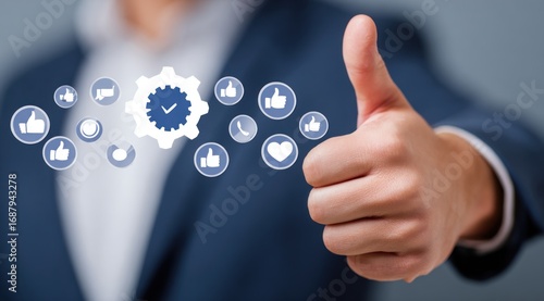 A hand gives a thumbs-up with blue cogwheels and various like/heart icons floating around it on a light grey background