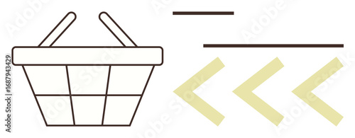 Basket with handles alongside three arrows pointing right, symbolizing e-commerce, product selection, and transactions. Ideal for online shopping, retail, e-commerce strategy, delivery, checkout