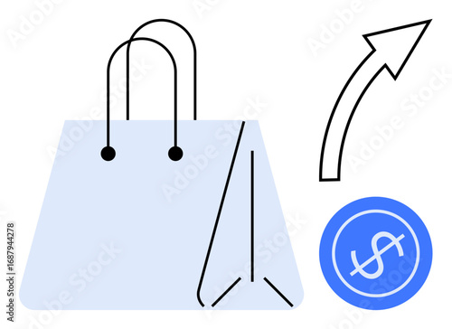 Blue shopping bag alongside upward arrow indicating growth, and a dollar icon symbolizing profit. Ideal for retail success, e-commerce, sales trends, business growth, consumer spending, revenue