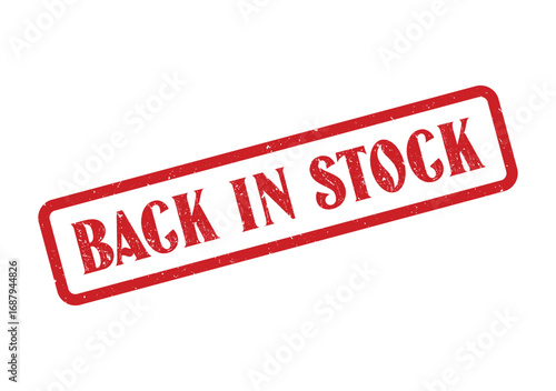 A red rectangular stamp announces Back In Stock in a grunge style