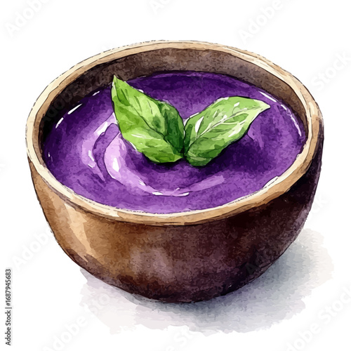 Acai Bowl, watercolor drawing vector, isolated on a white background.