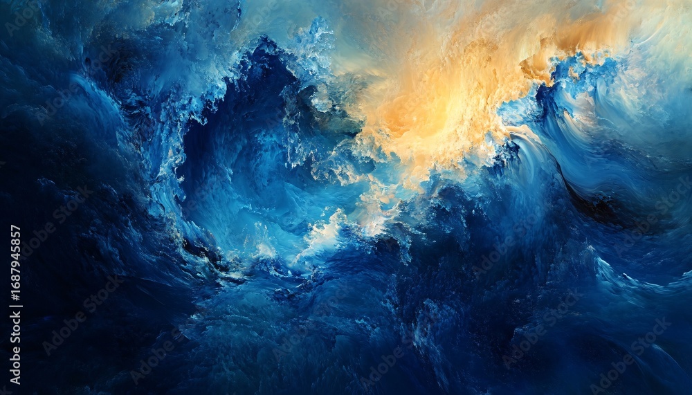 Fototapeta premium The illustration shows a dynamic interplay of blue and gold abstract waves, creating a sense of depth and movement.