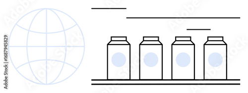 Four cartons on a shelf represent packaged goods aligned with a globe design on the side. Ideal for logistics, trade, export, import, globalization, retail, delivery, simple flat metaphor