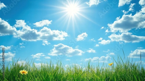 Sunny Day with White Clouds and Green Grass