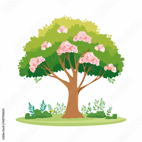 Vector watercolor blooming flower tree side view isolated on white background for landscape and architecture drawing, elements for environment or and garden,Sakura trees for .