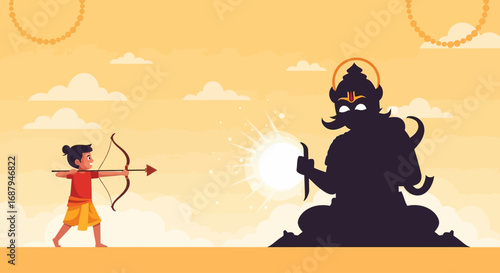 A young warrior aims his bow and arrow at a colossal, menacing silhouette of a demon, illuminated by a radiant burst of light.