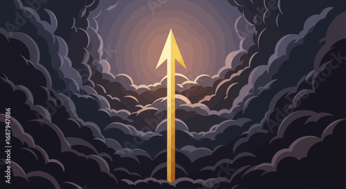 Golden arrow piercing through dark clouds, symbolizing upward movement and overcoming obstacles.