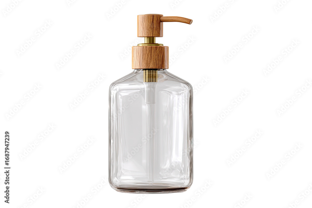 Fototapeta premium Clear rectangular glass soap dispenser with a light brown wooden pump top