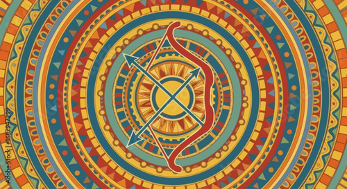 A stylized red bow and crossed arrows, the Sagittarius zodiac symbol, at the center of a colorful, circular, tribal-patterned mandala.