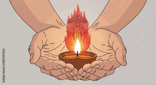 Cupped hands carefully hold a lit oil lamp, its sacred flame revealing a divine form.