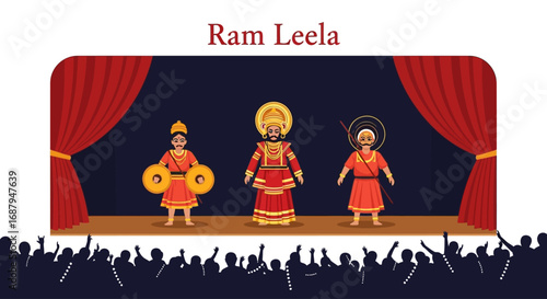 A theatrical Ram Leela performance with costumed actors on a stage with red curtains before a cheering audience.