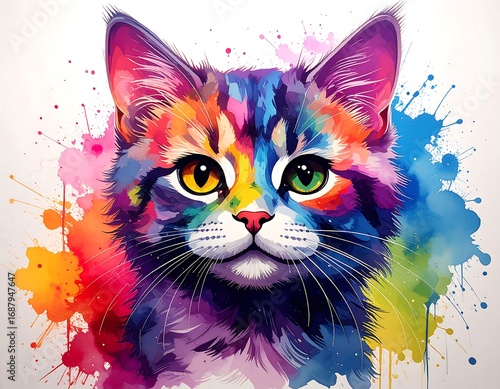 Colorful cat portrait with vibrant splashes
