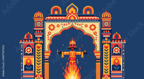 An ornate archway frames the burning effigy of Ravana during the Hindu festival of Dussehra.