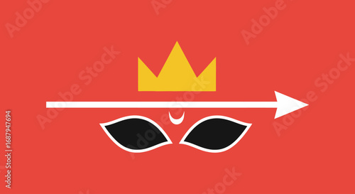 Stylized depiction of a divine female face with a golden crown and a piercing arrow across its eyes.