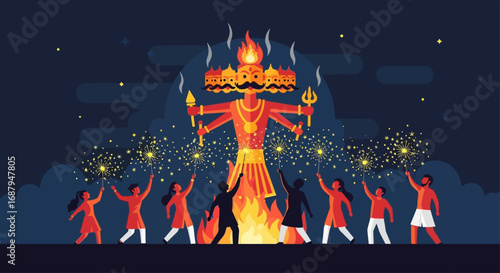 Festive night scene depicting people celebrating Dussehra by burning a multi-headed Ravana effigy with sparklers.