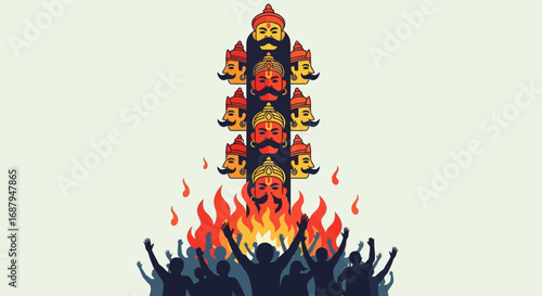 A stylized illustration depicts the burning of a multi-headed effigy, representing Ravana, amidst a celebratory crowd with arms raised in triumph during a festival.