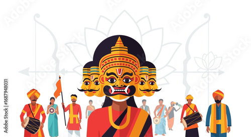 Illustration depicting a vibrant Indian festival with costumed figures and a multi-headed demon.