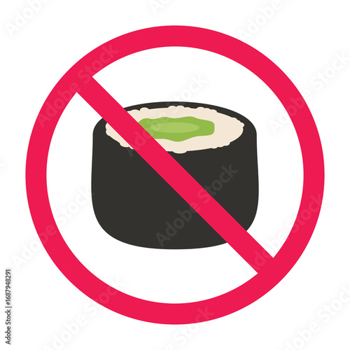 Forbidden sign with wasabi sushi roll icon, no wasabi roll sign, wasabi sushi prohibited symbol, flat vector illustration
