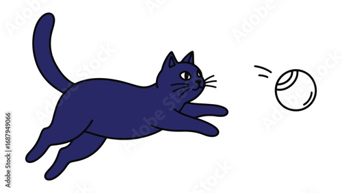 Playful Cat: A whimsical illustration depicts a sleek, dark cat excitedly leaping toward a bouncing ball, embodying playful movement and simple charm.