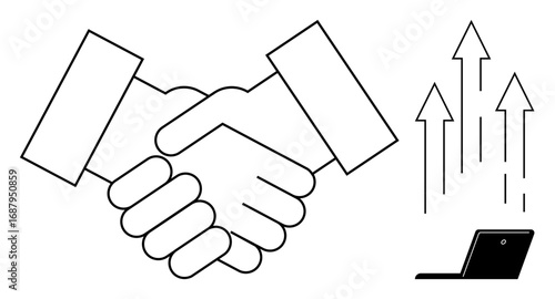 Handshake signifying partnership alongside laptop and upward arrows denoting growth and success. Ideal for collaboration, strategy, progress, innovation, leadership, teamwork, success. Simple flat