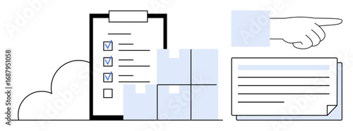 Checklist with marked items, stacked shipping boxes, and a pointing hand near documents. Ideal for logistics, task management, shipping, warehouse, organization, productivity and workflow solutions