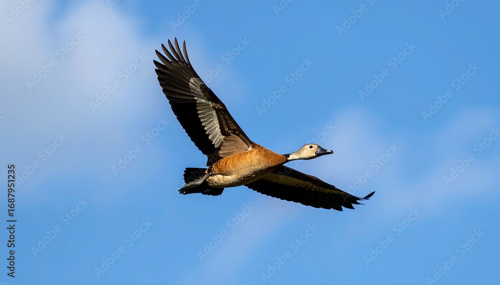 Obraz premium A single bird soars through a vast blue sky, its wings spread wide in flight. 