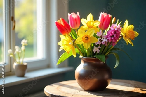 A vibrant spring bunch of tulips, daffodils, and hyacinths in a rustic vase, bathed in soft sunlight Perfect for springtime themes, Easter, and floral arrangements , vibrant, white