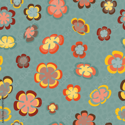 1970s Colors of Retro Flowers in a Non Directional Design on a Heart Textured Teal background background creating a seamless pattern print