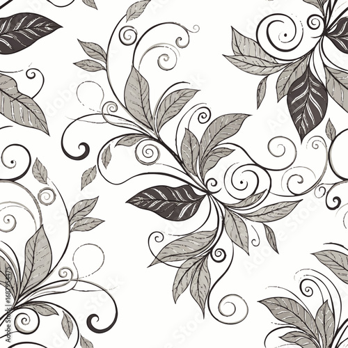 Seamless pattern of intricate floral design with swirling leaves and vines in black and gray on white background