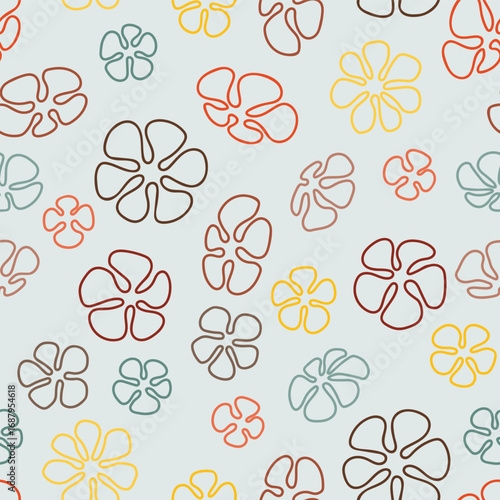 1970s Colors of Line Art of Retro Flowers on a Pastel Teal background creating a seamless pattern print