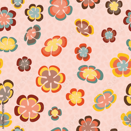 1970s Colors of Retro Flowers in a Non Directional Design on a Heart Textured Pastel Orange background background creating a seamless pattern print
